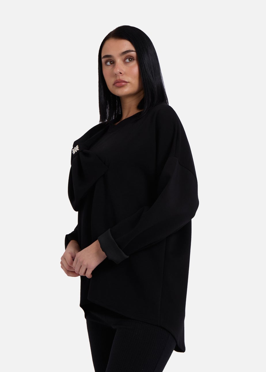 Gini London Black Side Contrast Bow Oversized Jumper Top