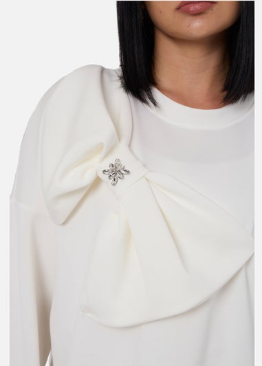 Gini London Cream Side Contrast Bow Oversized Jumper Top