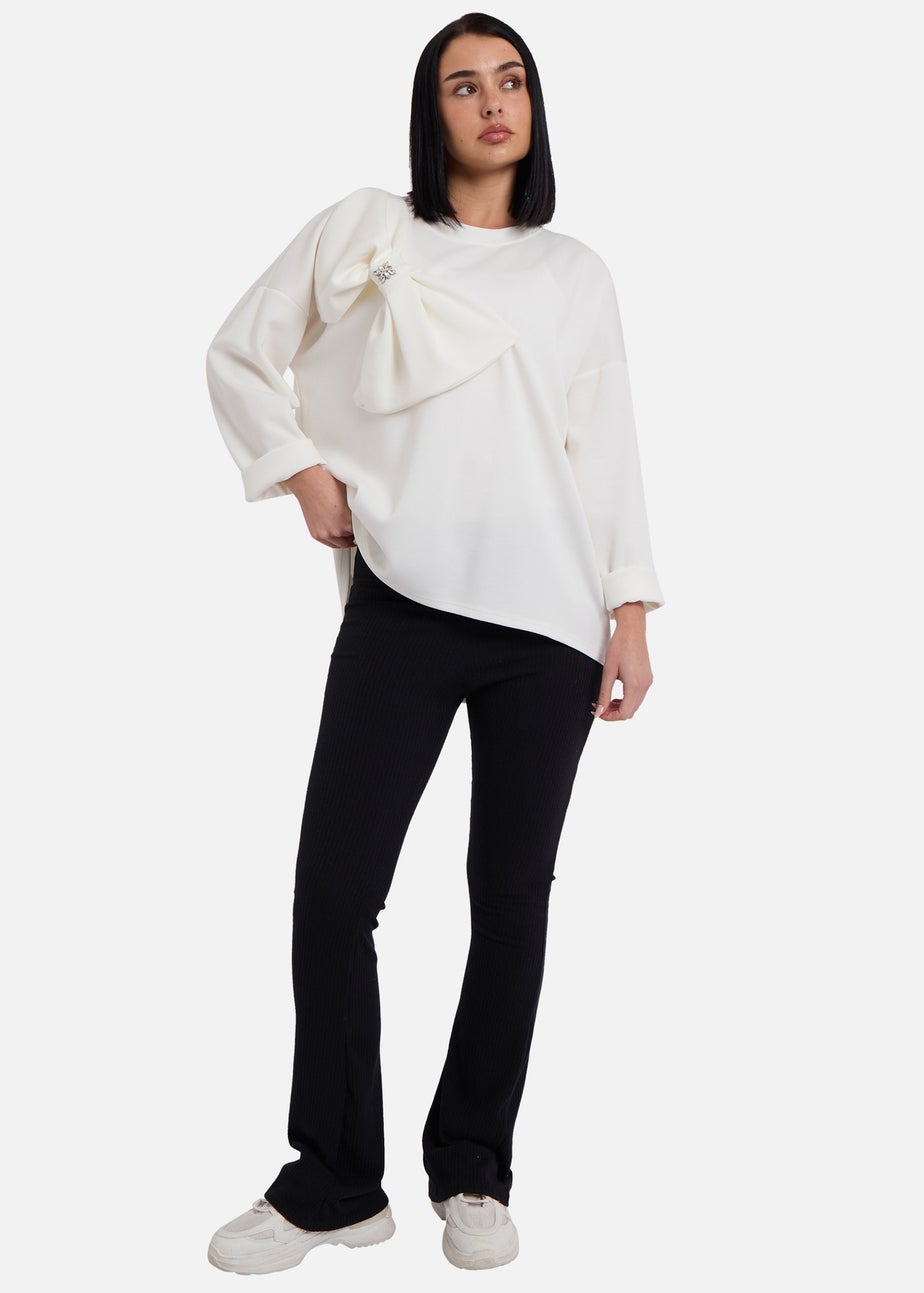 Gini London Cream Side Contrast Bow Oversized Jumper Top