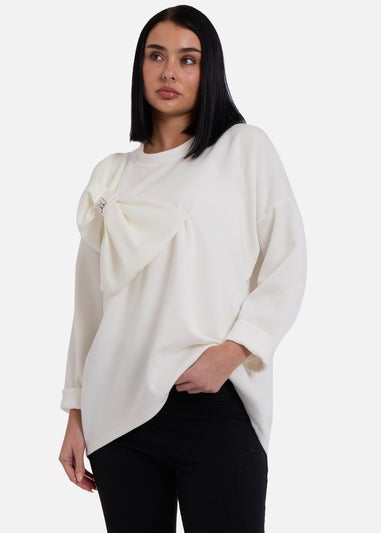 Gini London Cream Side Contrast Bow Oversized Jumper Top