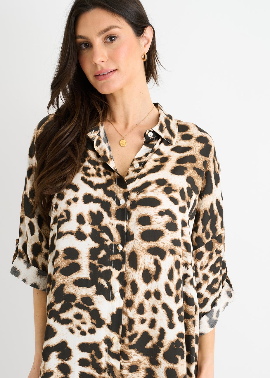 Gini London Brown Animal Printed Button Through Midaxi Shirt Dress