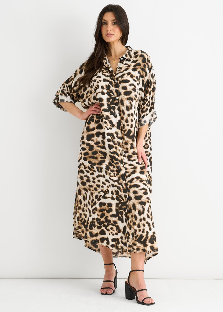 Gini London Brown Animal Printed Button Through Midaxi Shirt Dress