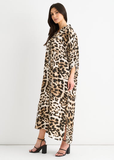 Gini London Brown Animal Printed Button Through Midaxi Shirt Dress
