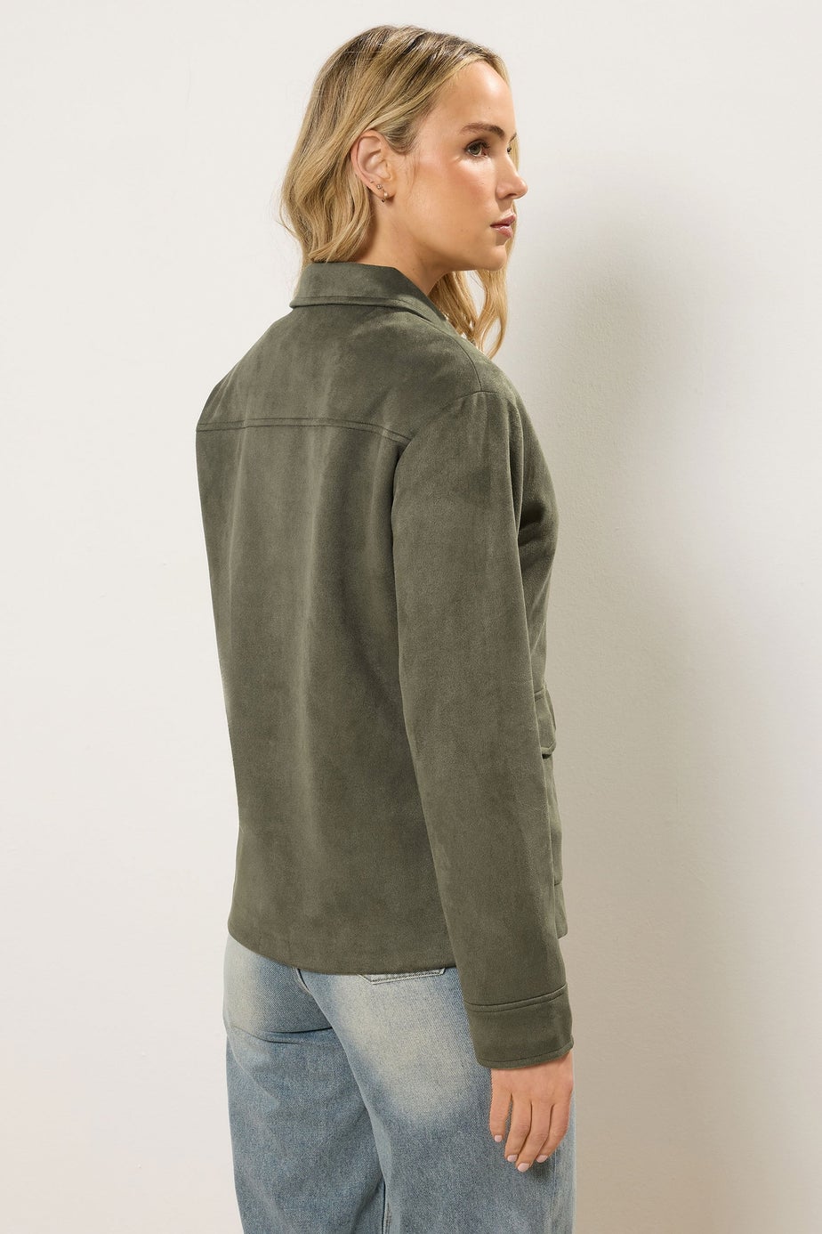 Long Tall Sally Khaki Green Faux Suede Trucker Jacket