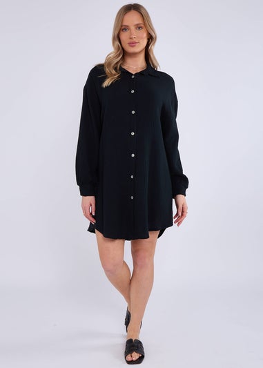 Gini London Black Cotton Textured Oversized Long Shirt