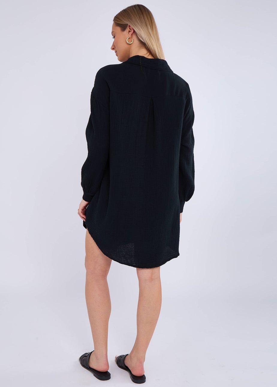 Gini London Black Cotton Textured Oversized Long Shirt