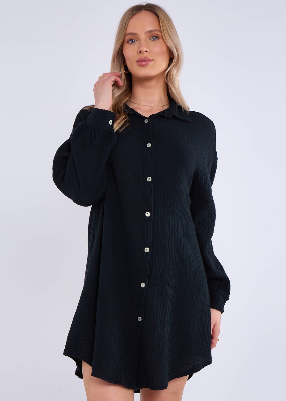 Gini London Black Cotton Textured Oversized Long Shirt