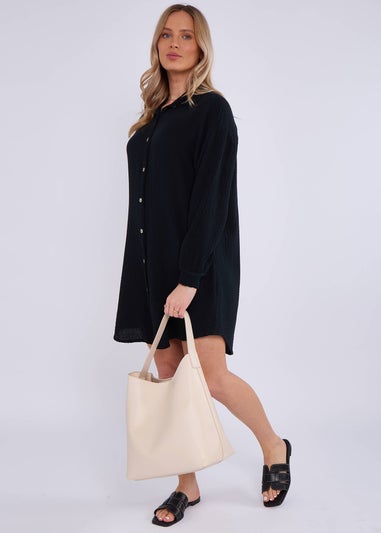 Gini London Black Cotton Textured Oversized Long Shirt