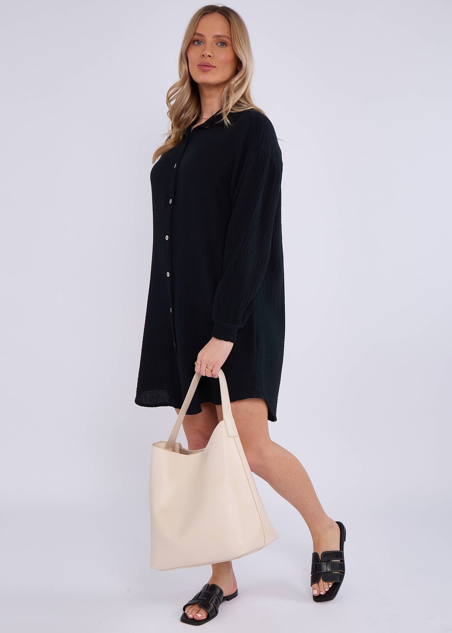 Gini London Black Cotton Textured Oversized Long Shirt