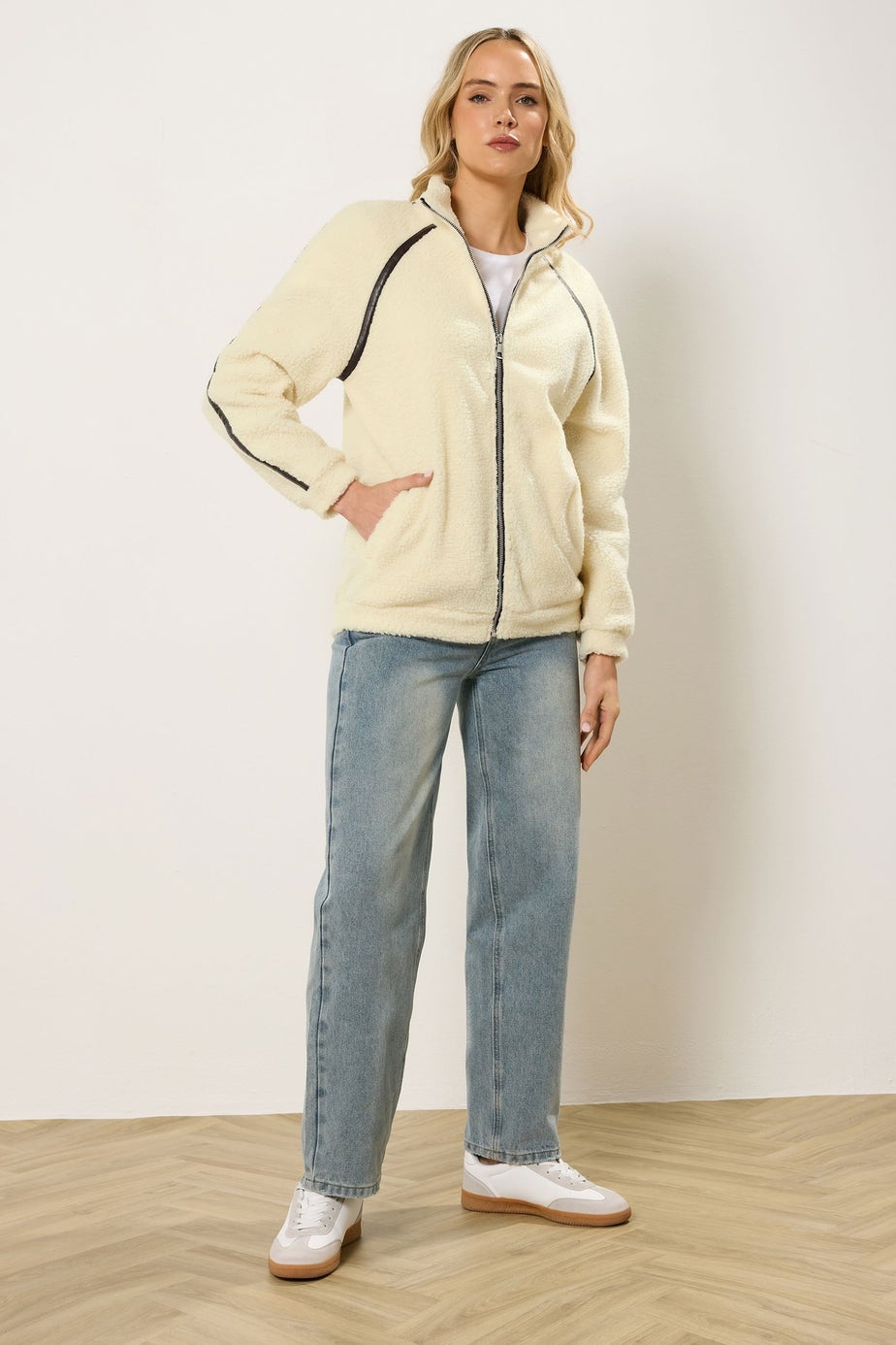 Long Tall Sally Ivory White Tape Detail Fleece Jacket