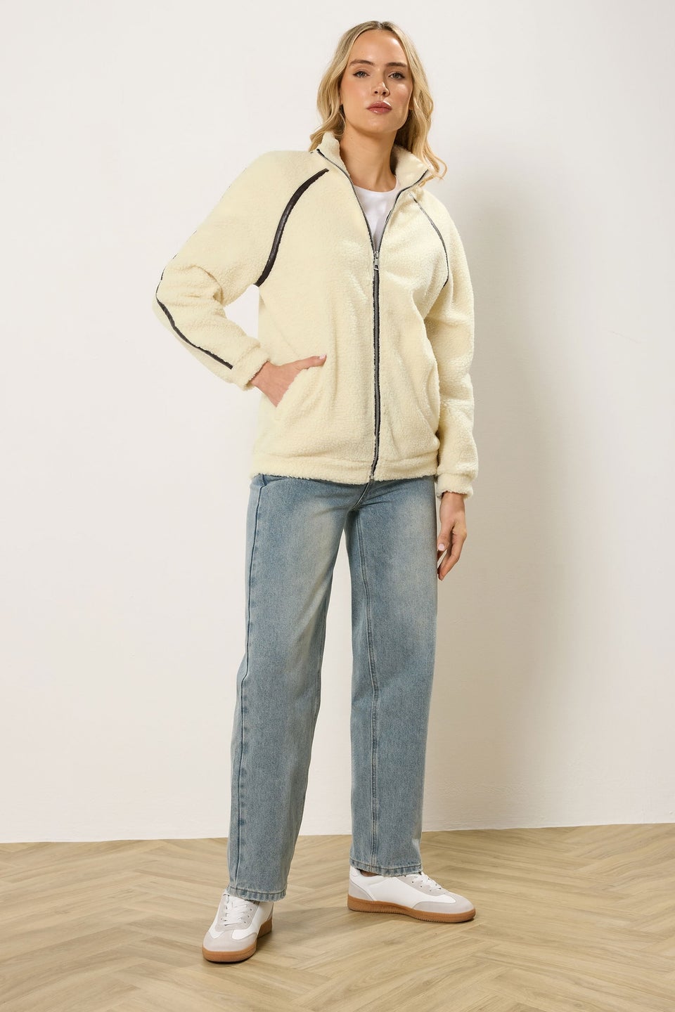 Long Tall Sally Ivory White Tape Detail Fleece Jacket