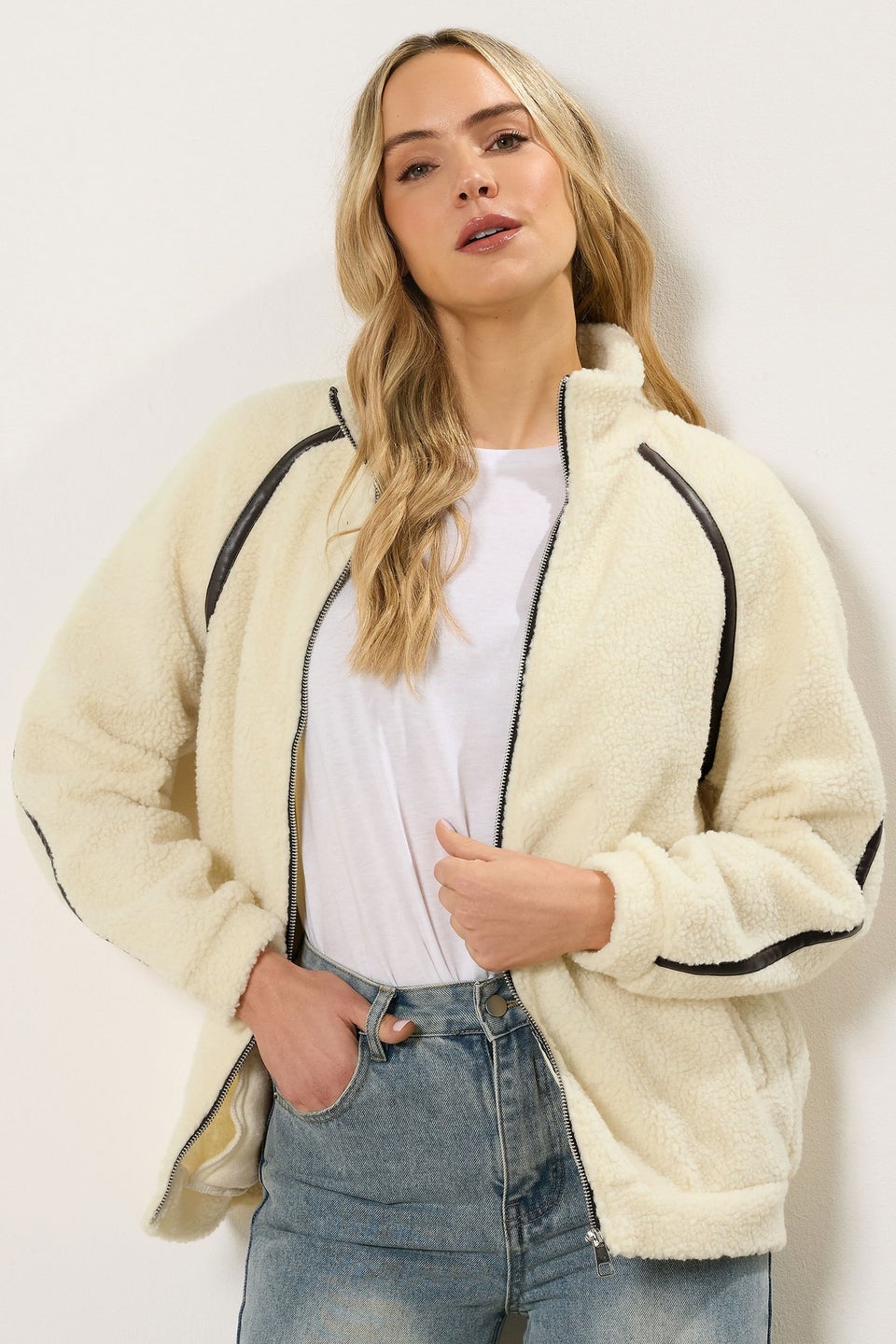 Long Tall Sally Ivory White Tape Detail Fleece Jacket