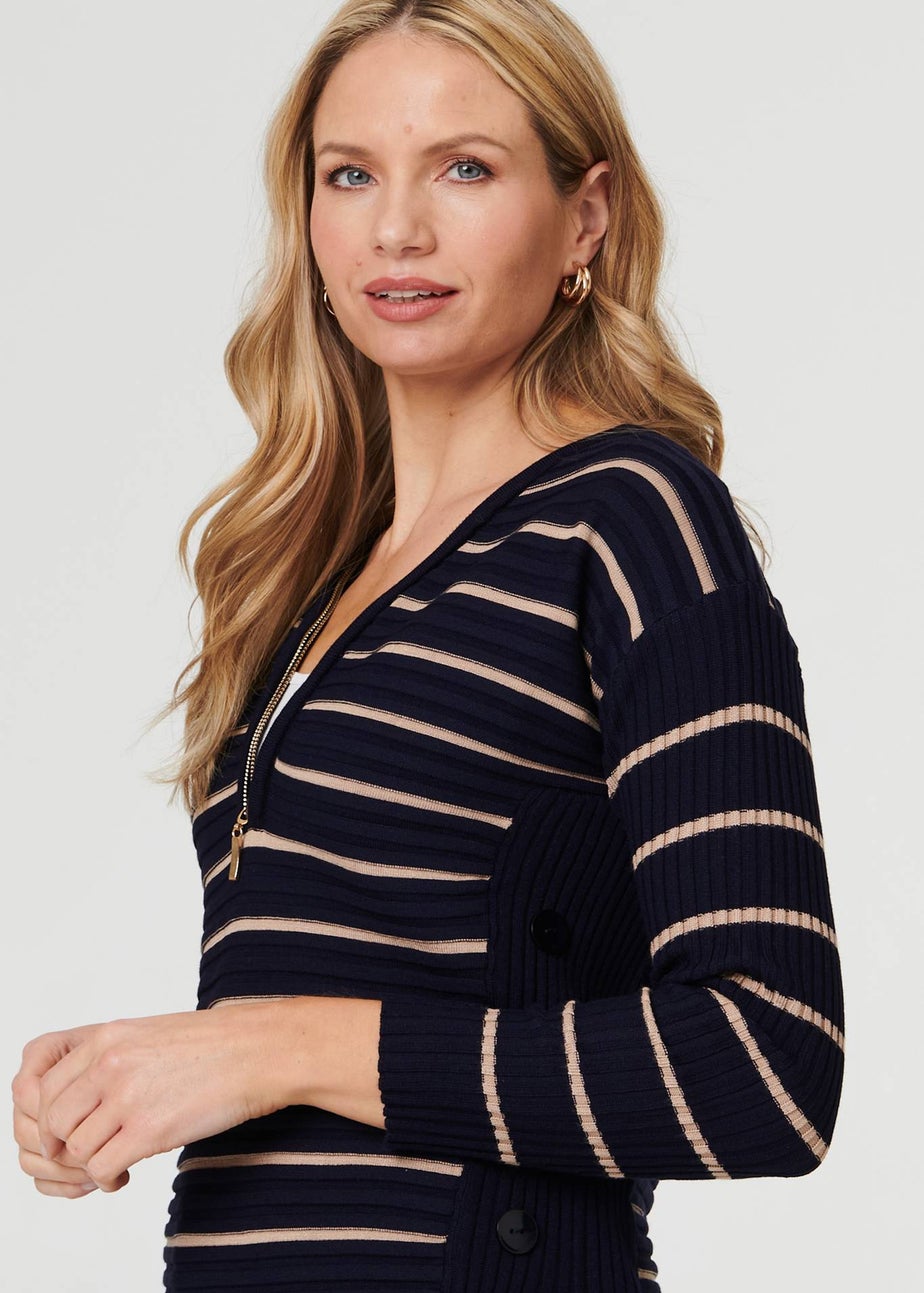 Izabel London Navy Striped Zip-Neck Textured Knit Top