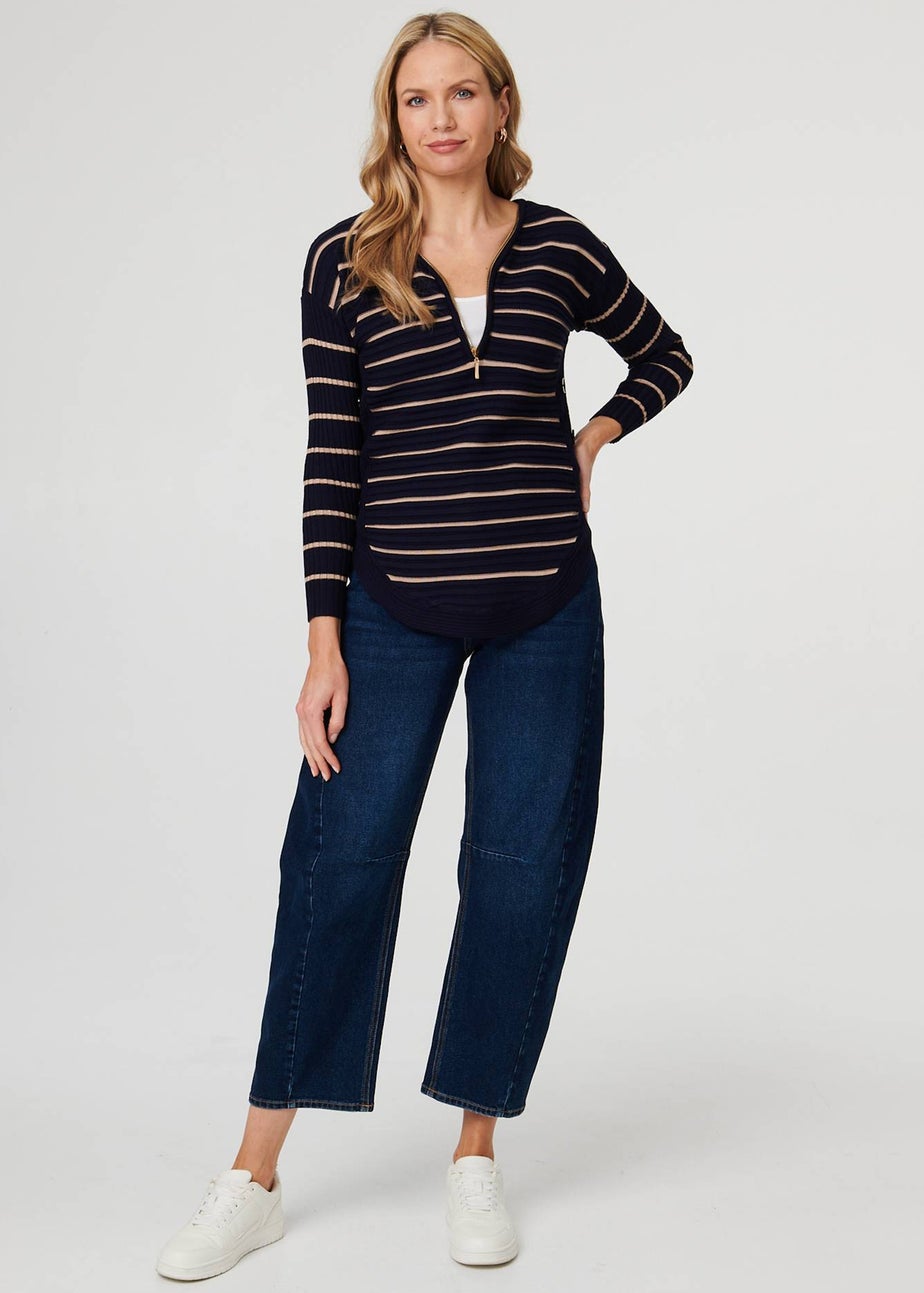 Izabel London Navy Striped Zip-Neck Textured Knit Top
