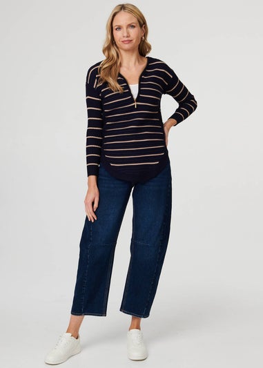 Izabel London Navy Striped Zip-Neck Textured Knit Top