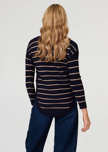 Izabel London Navy Striped Zip-Neck Textured Knit Top
