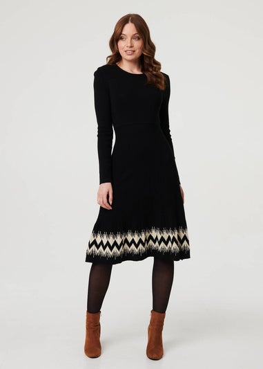 Izabel London Black Border Print Knee Length Knit Dress