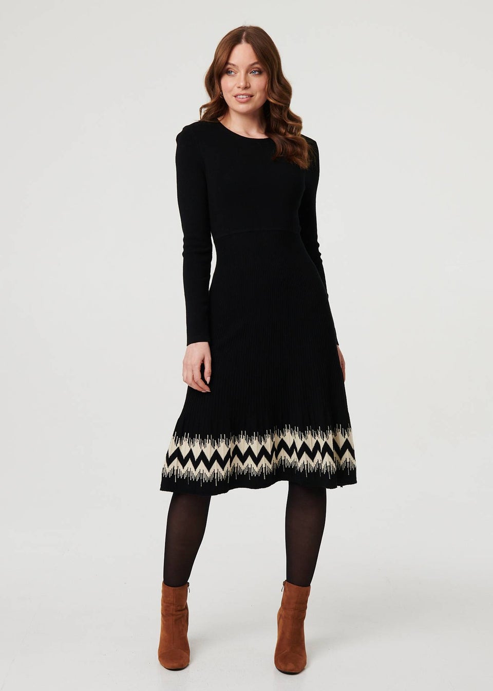Izabel London Black Border Print Knee Length Knit Dress