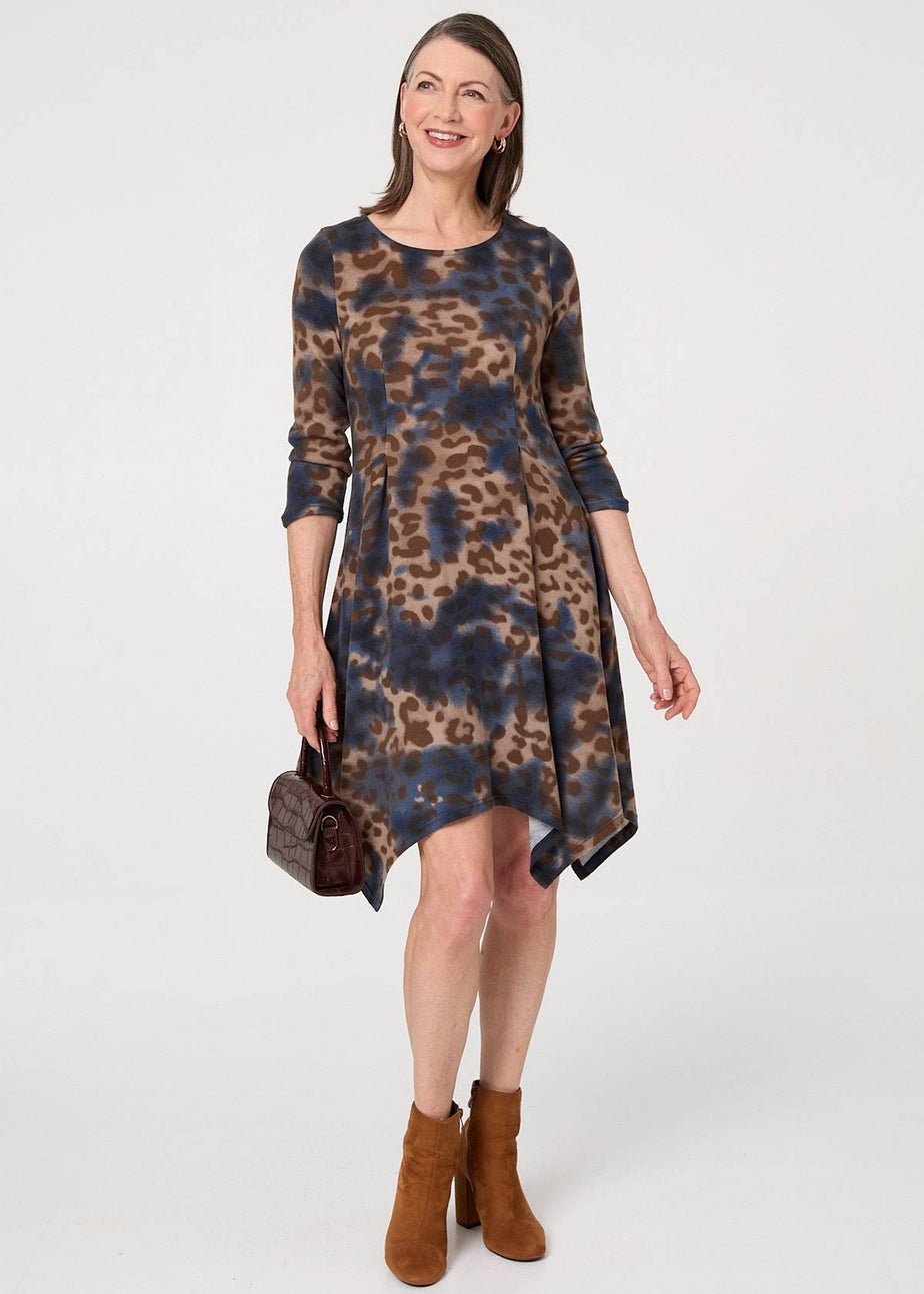 Izabel London Blue Animal Print Hanky Hem Knee Length Dress