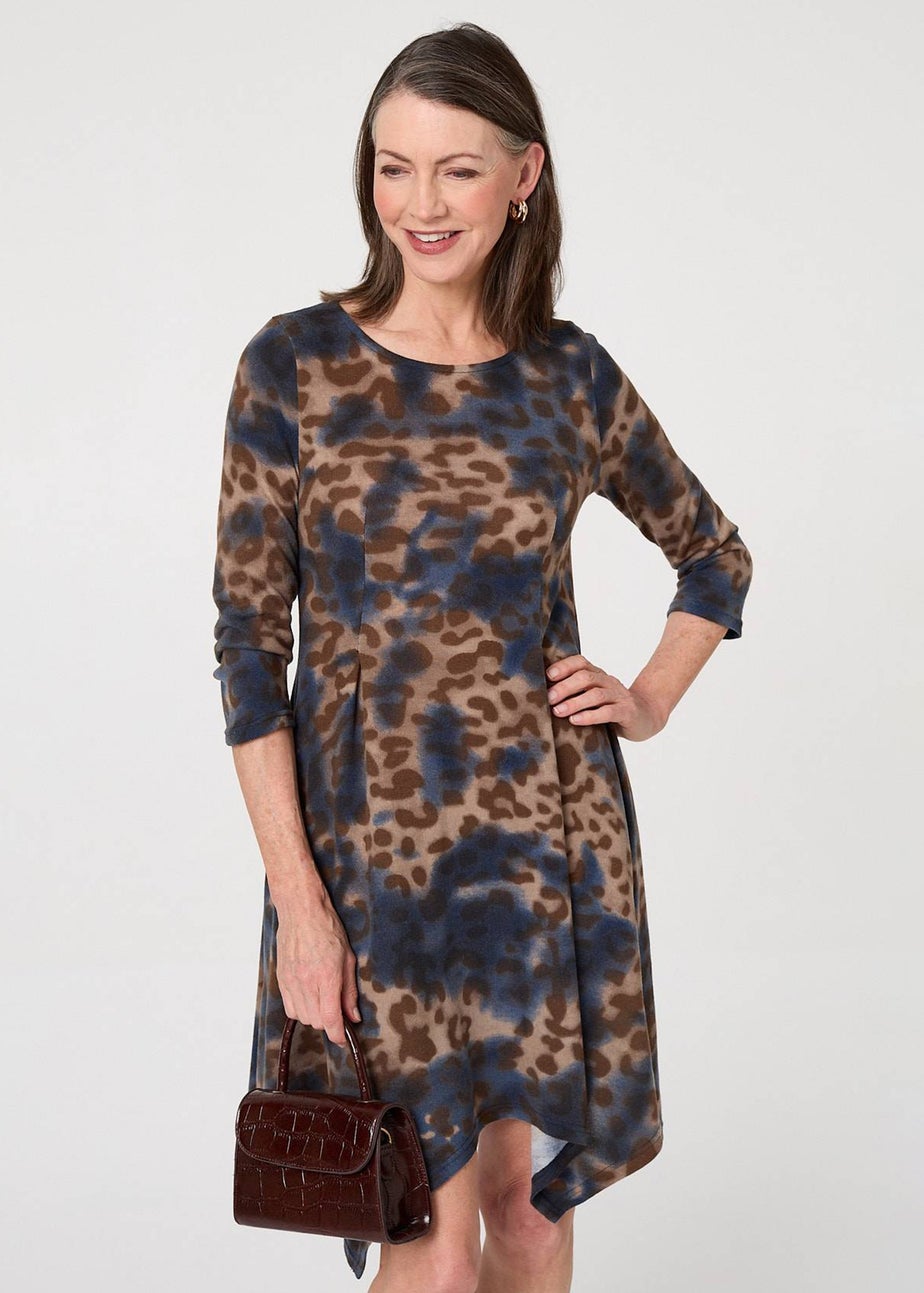 Izabel London Blue Animal Print Hanky Hem Knee Length Dress