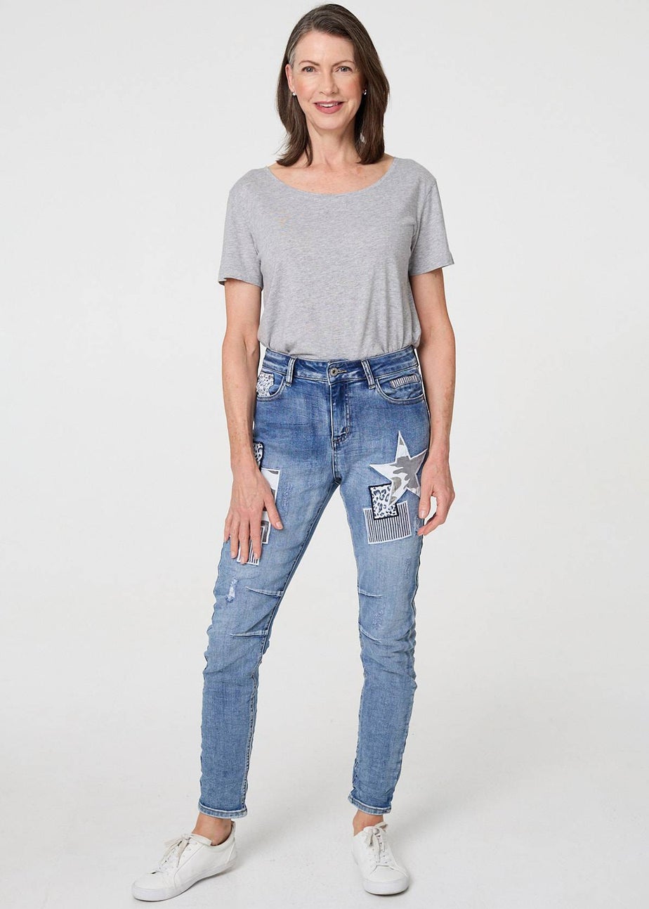 Izabel London Blue Star Patchwork Detail Skinny Jeans