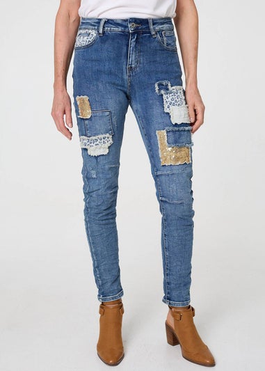 Izabel London Blue Patchwork Detail Frayed Skinny Jeans