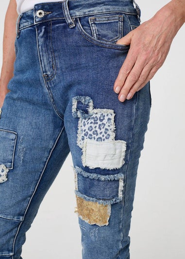 Izabel London Blue Patchwork Detail Frayed Skinny Jeans
