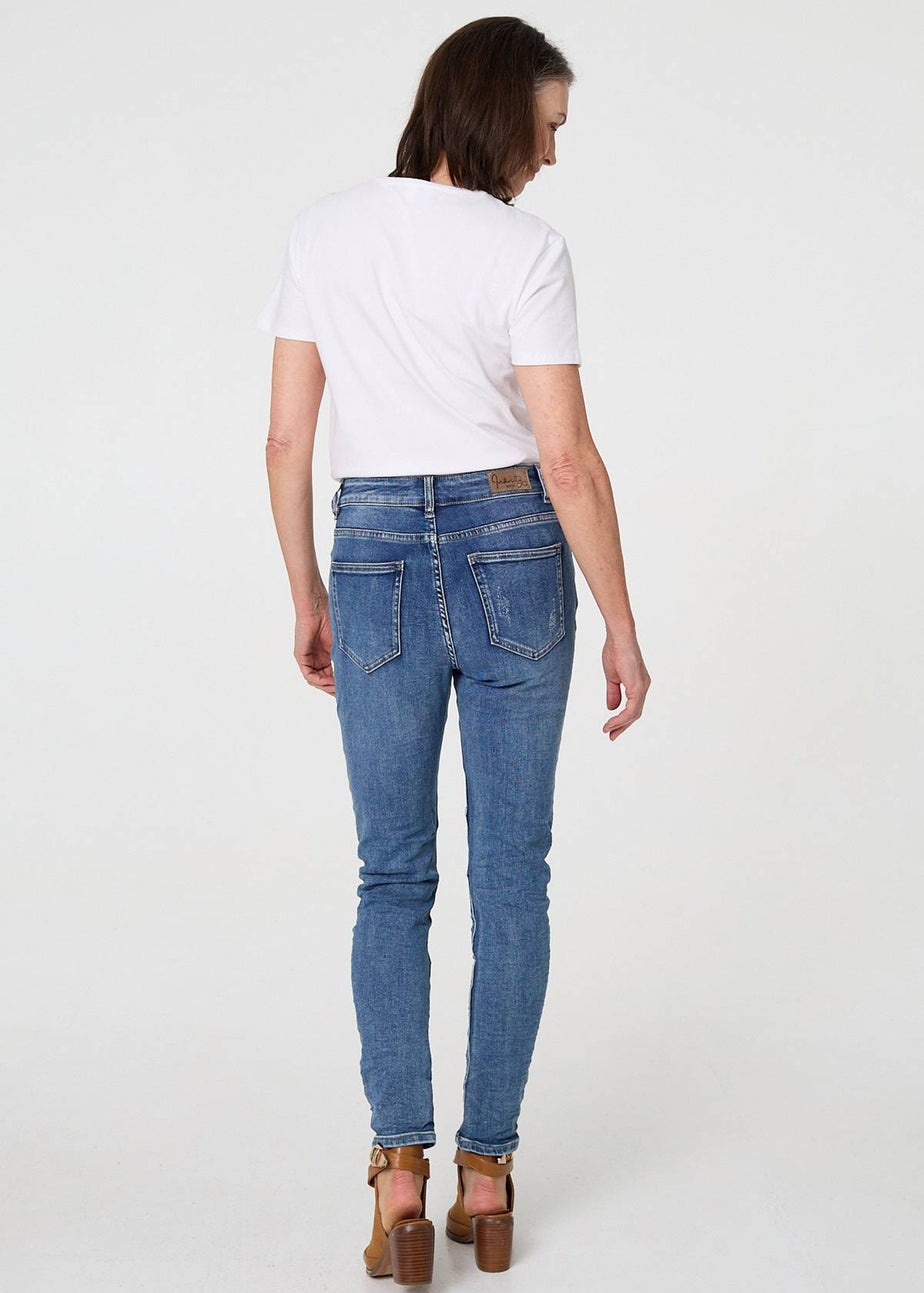 Izabel London Blue Patchwork Detail Frayed Skinny Jeans