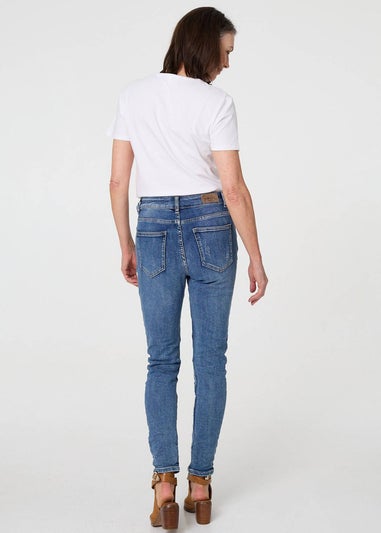 Izabel London Blue Patchwork Detail Frayed Skinny Jeans