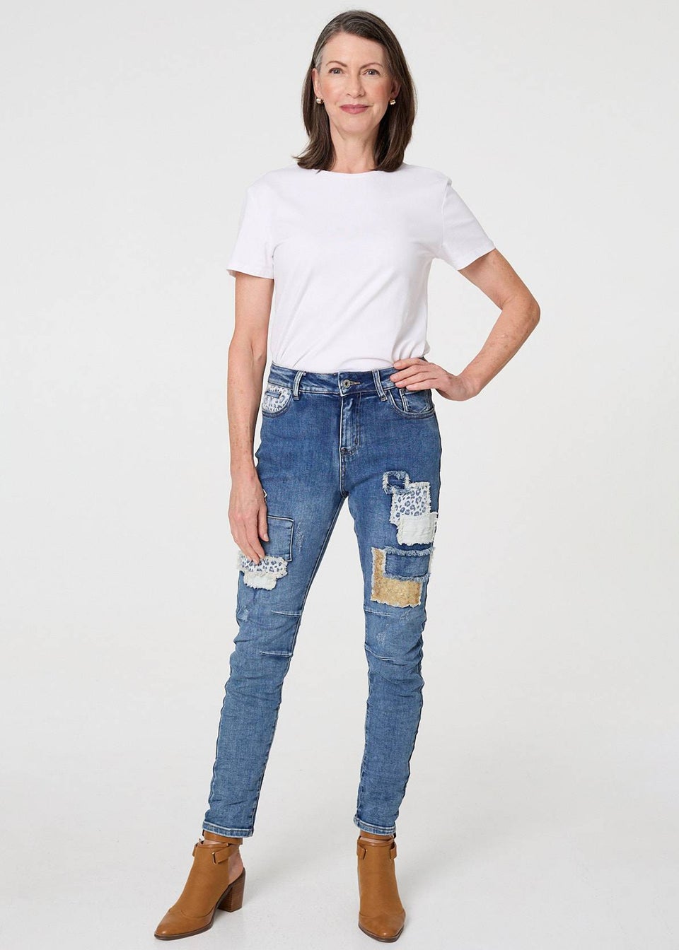 Izabel London Blue Patchwork Detail Frayed Skinny Jeans