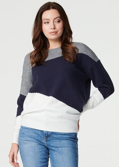 Izabel London Navy Colour Block Relaxed Knit Sweater