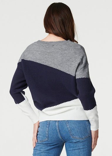 Izabel London Navy Colour Block Relaxed Knit Sweater