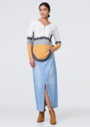 Izabel London Mustard Colour Block Zip Detail V-Neck Jumper