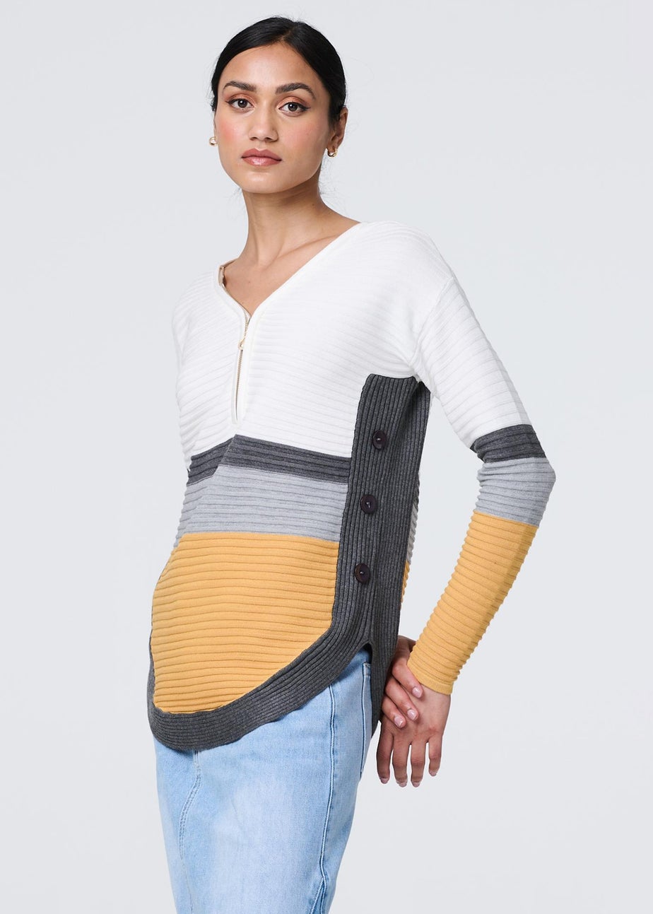 Izabel London Mustard Colour Block Zip Detail V-Neck Jumper