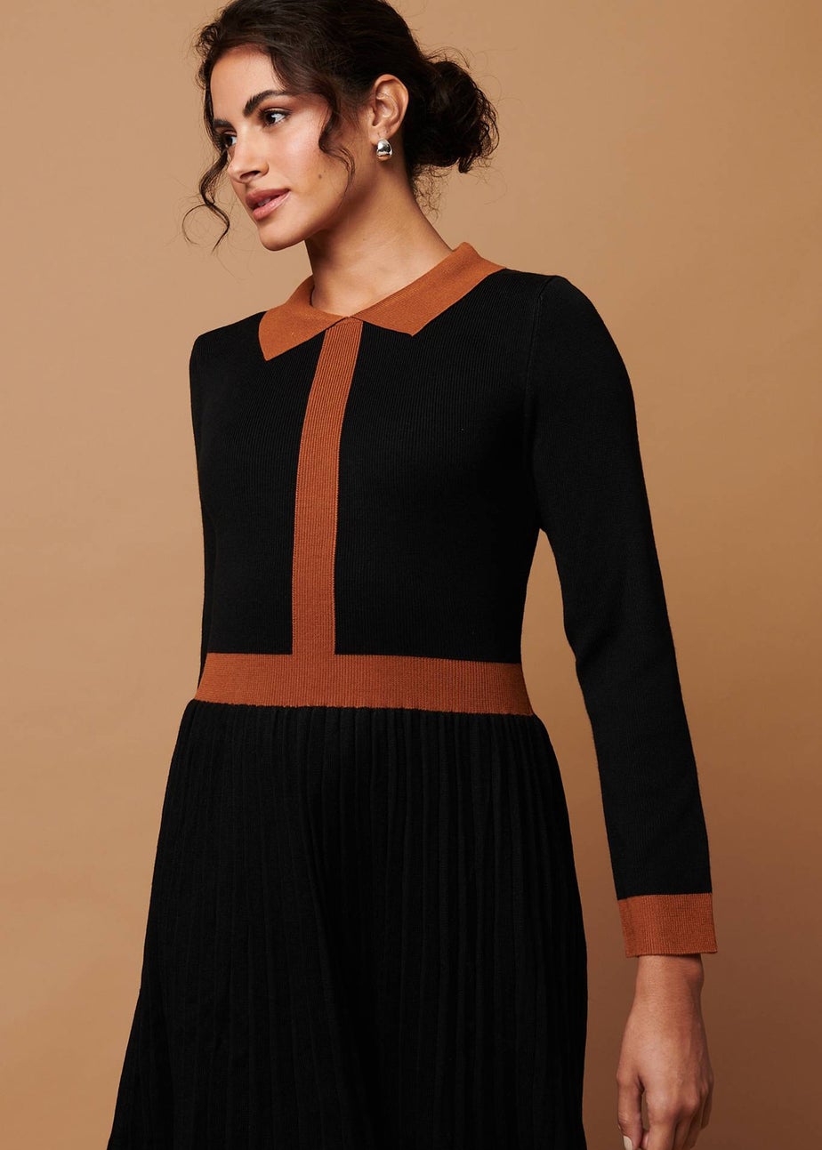 Izabel London Black Border Print Pleated Knit Knee Length Dress