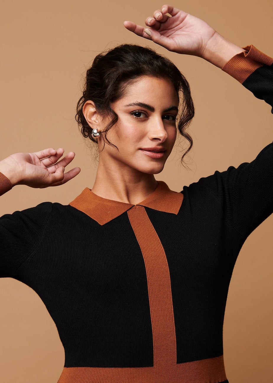 Izabel London Black Border Print Pleated Knit Knee Length Dress