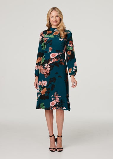 Izabel London Teal Floral Long Sleeve High Neck Midi Dress
