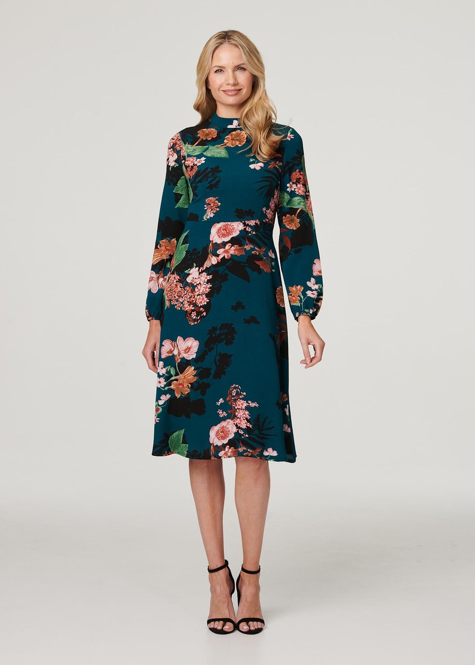 Izabel London Teal Floral Long Sleeve High Neck Midi Dress