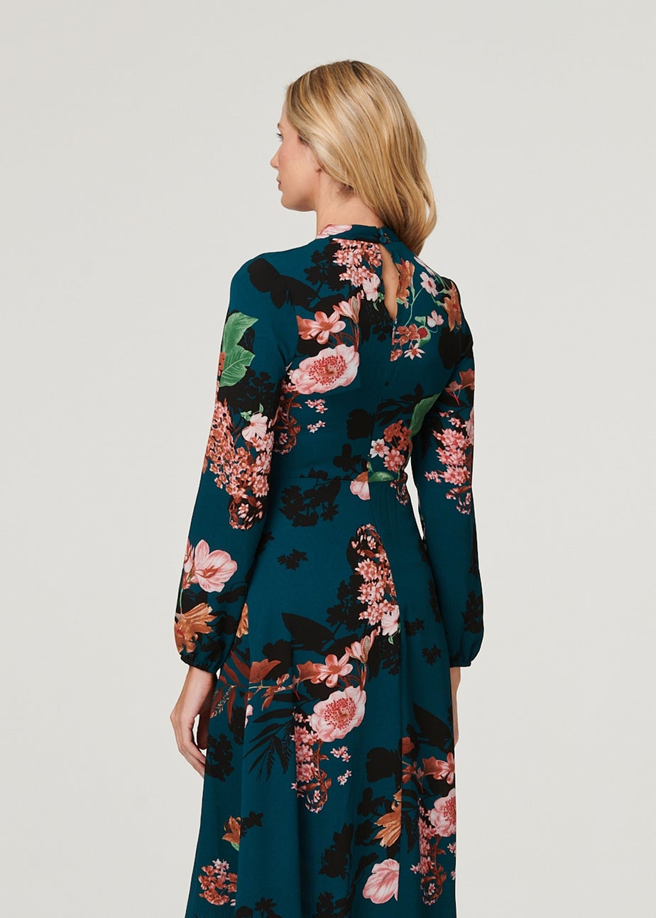 Izabel London Teal Floral Long Sleeve High Neck Midi Dress