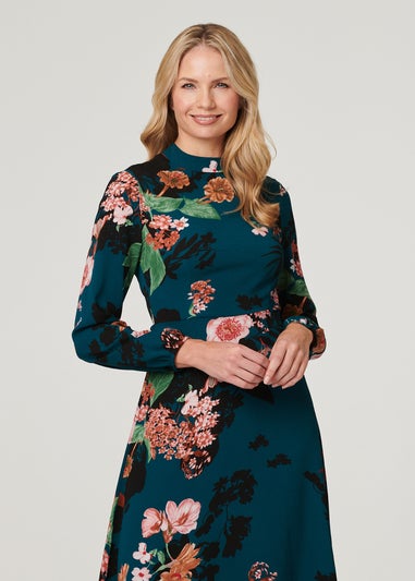 Izabel London Teal Floral Long Sleeve High Neck Midi Dress