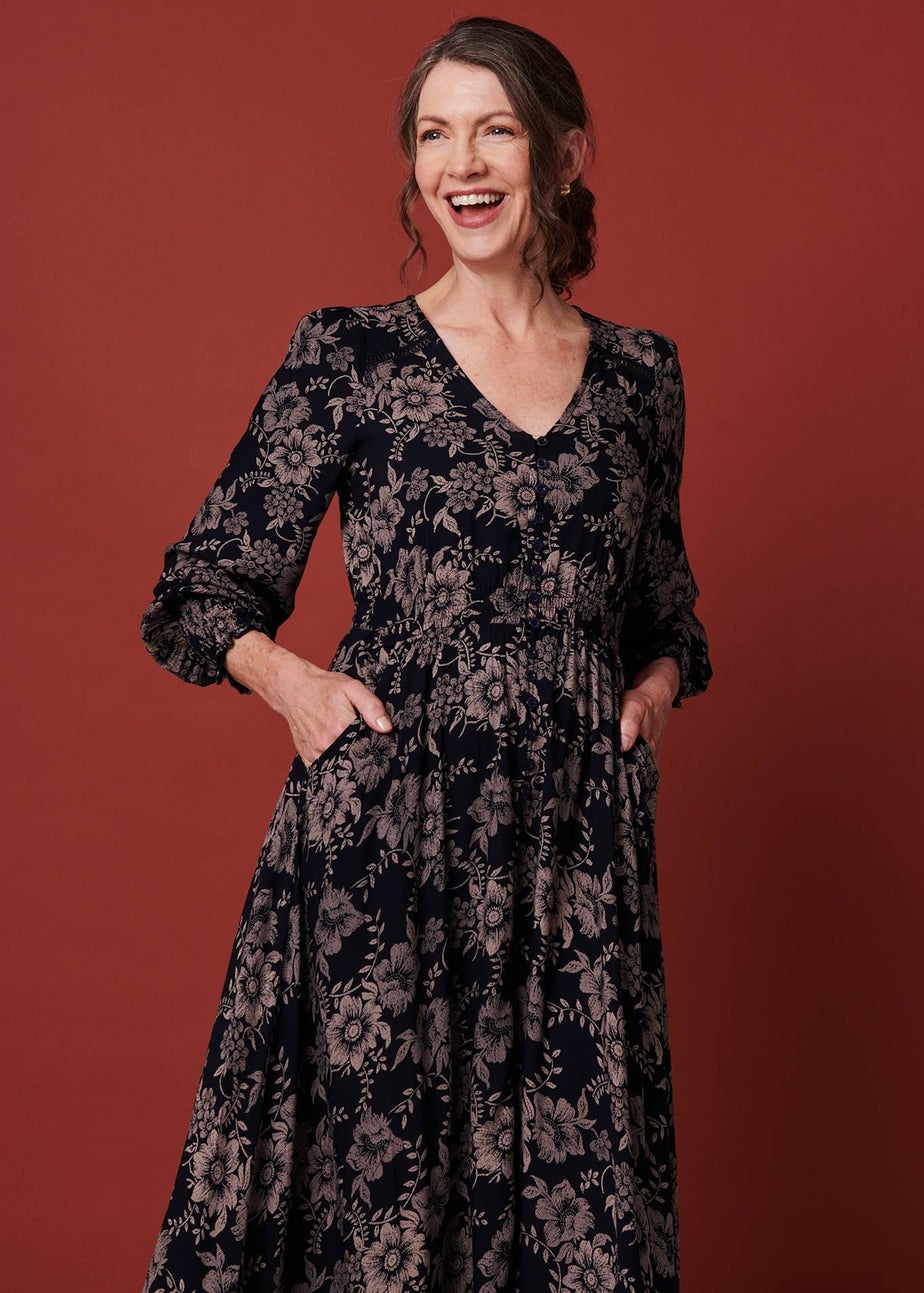 Izabel London Navy Floral Lace Long Sleeve Maxi Dress