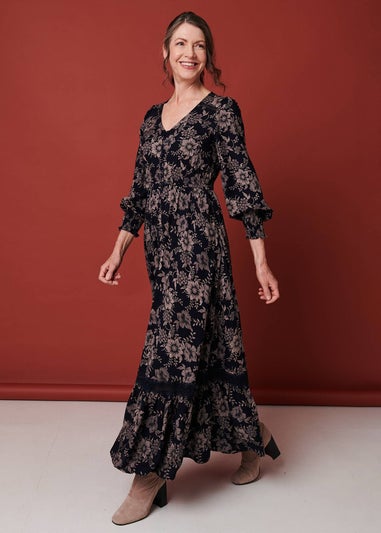 Izabel London Navy Floral Lace Long Sleeve Maxi Dress