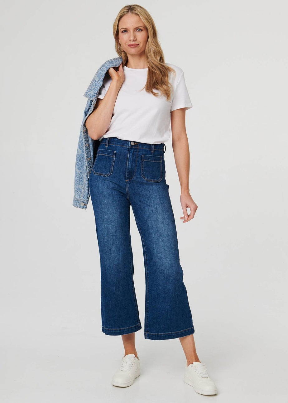 Izabel London Blue High Waist Cropped Flared Jeans