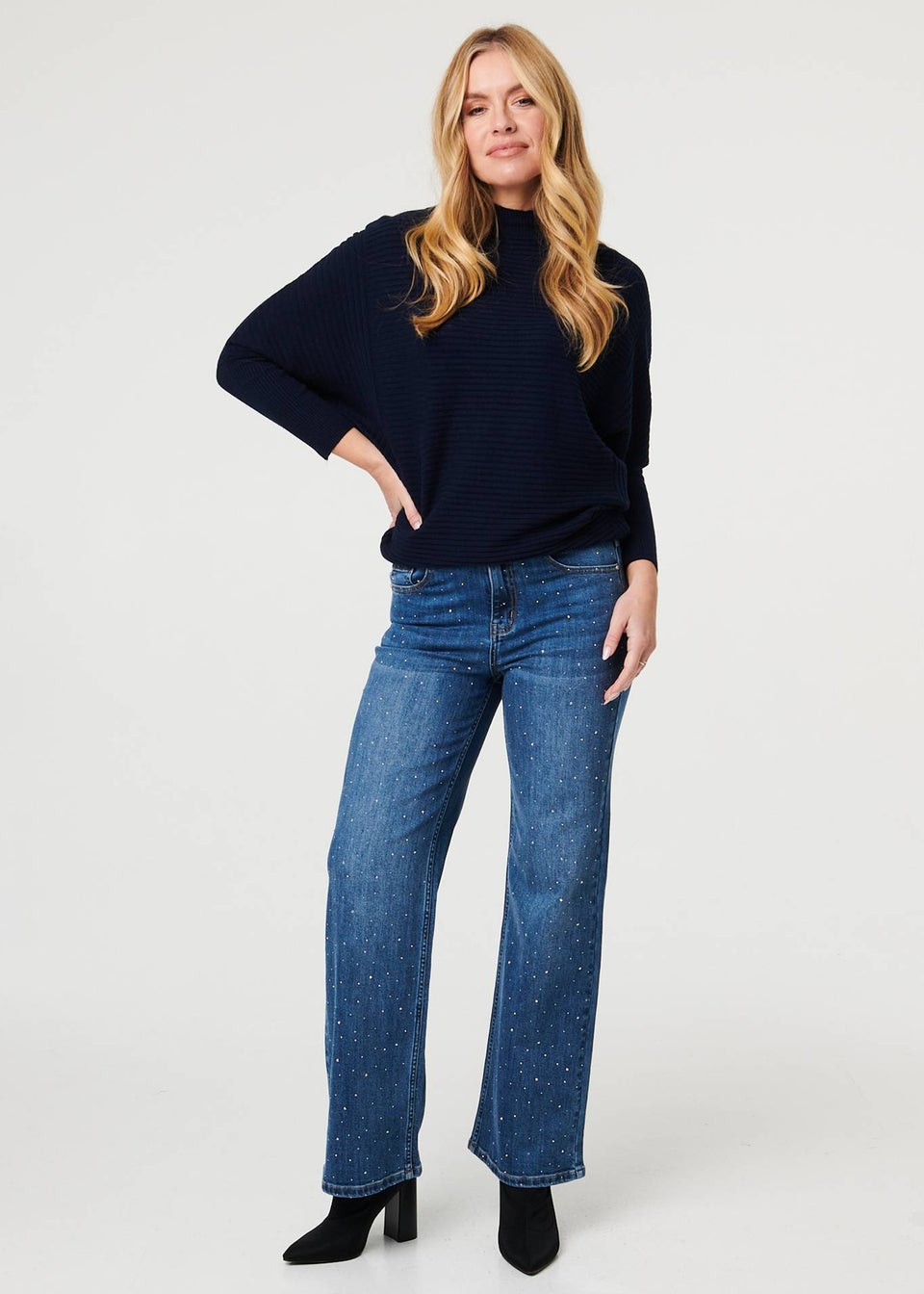 Izabel London Blue Diamante Embellished Straight Fit Jeans