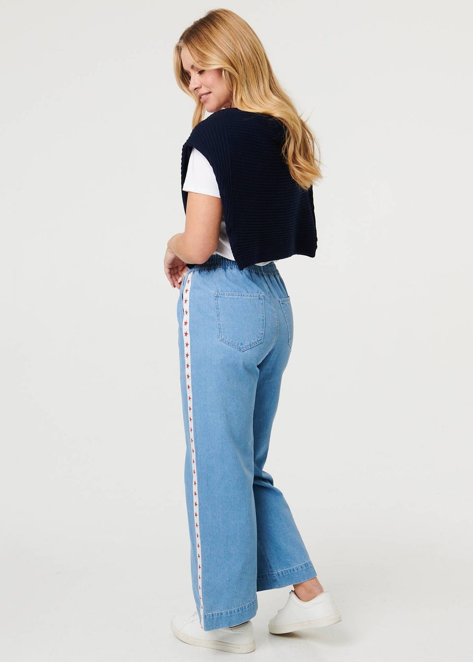 Izabel London Blue Star Print Trim Drawstring Wide Jeans