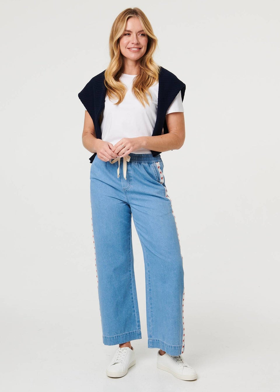 Izabel London Blue Star Print Trim Drawstring Wide Jeans