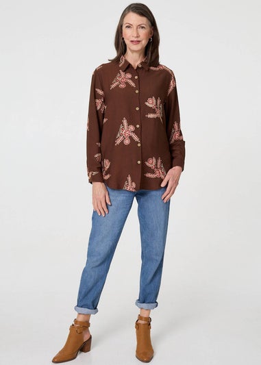 Izabel London Brown Floral Stitch Detail Long Sleeve Shirt