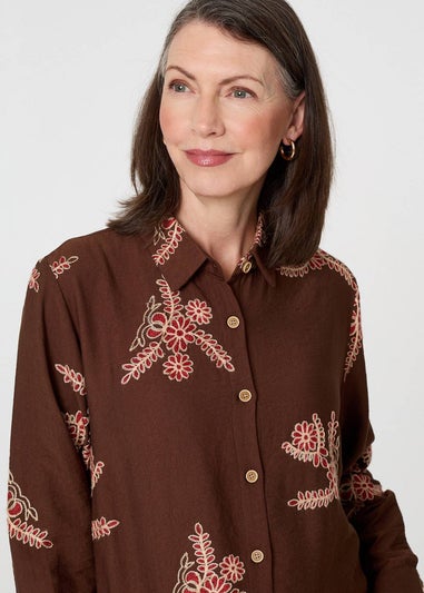 Izabel London Brown Floral Stitch Detail Long Sleeve Shirt