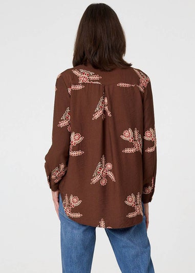 Izabel London Brown Floral Stitch Detail Long Sleeve Shirt