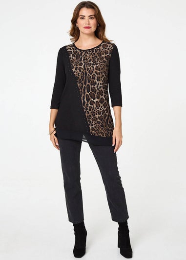Izabel London Black Animal Print Asymmetric Tunic Top